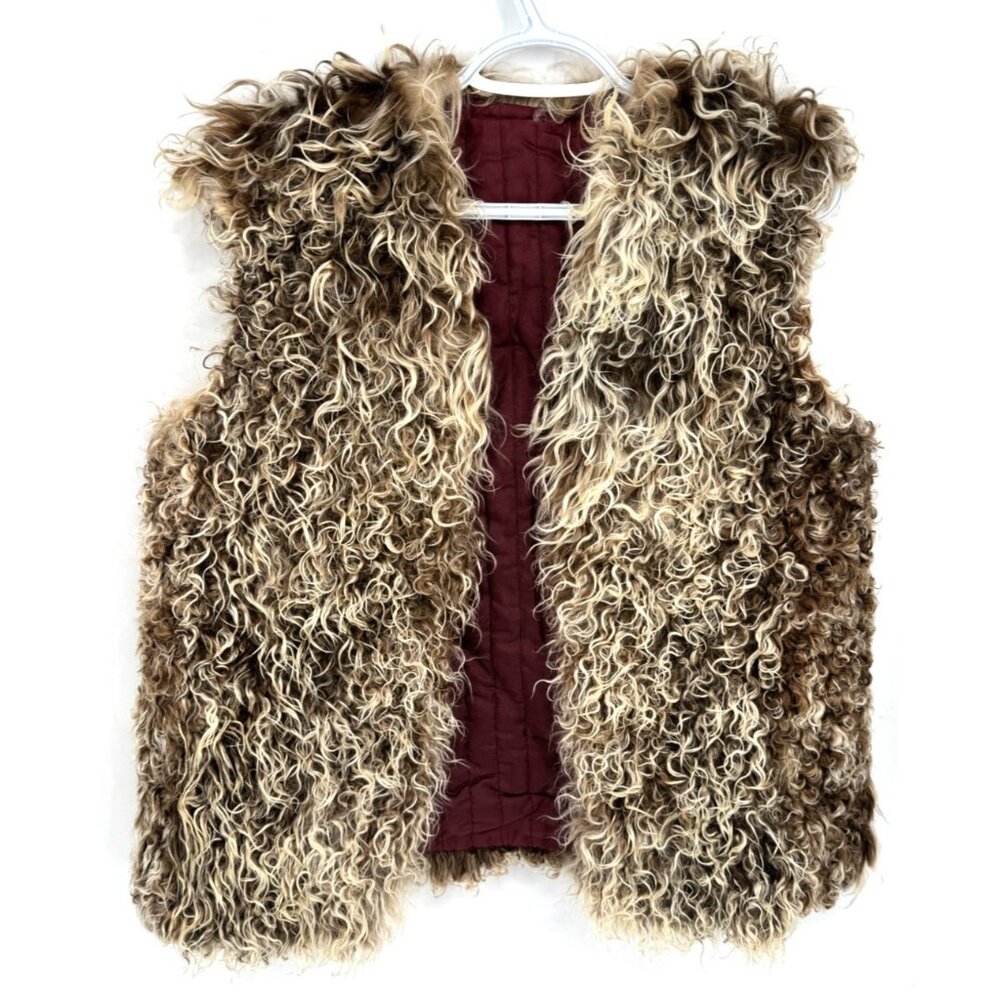 Vintage 80s Mongolian Curly Lamb Fur Brown Reversible Vest Sz M Made in Canada